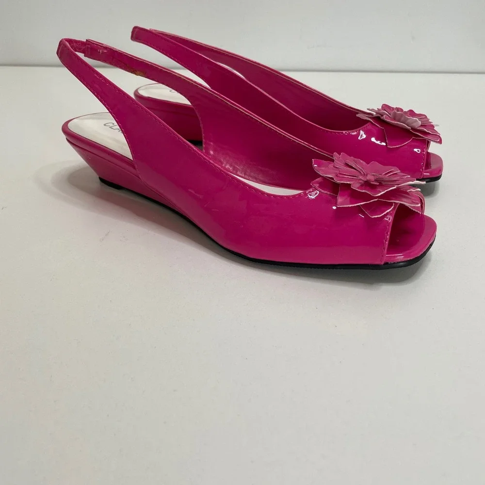 Hot Pink Patent Floral Peep Toe Slingback Wedge Sandals 8.5M Wedding Guest Bold